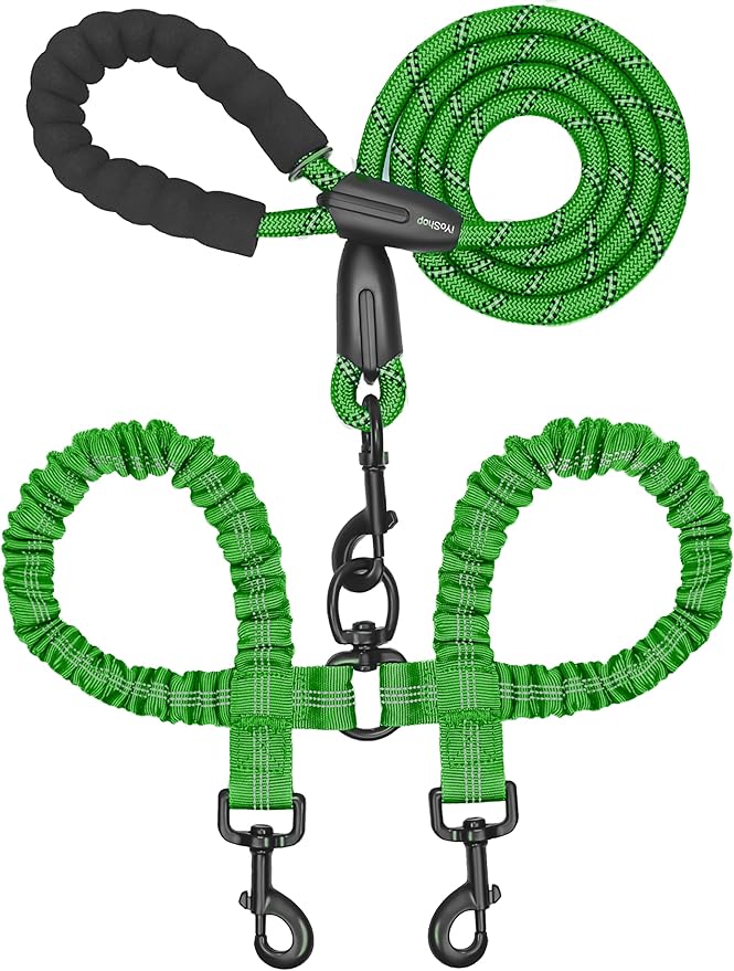iYoShop Dual Dog Leash - 360° Swivel, No Tangle Walking Leash with Shock Absorbing Bungee for Two Dogs (Large, 25-150 lbs, Emerald)