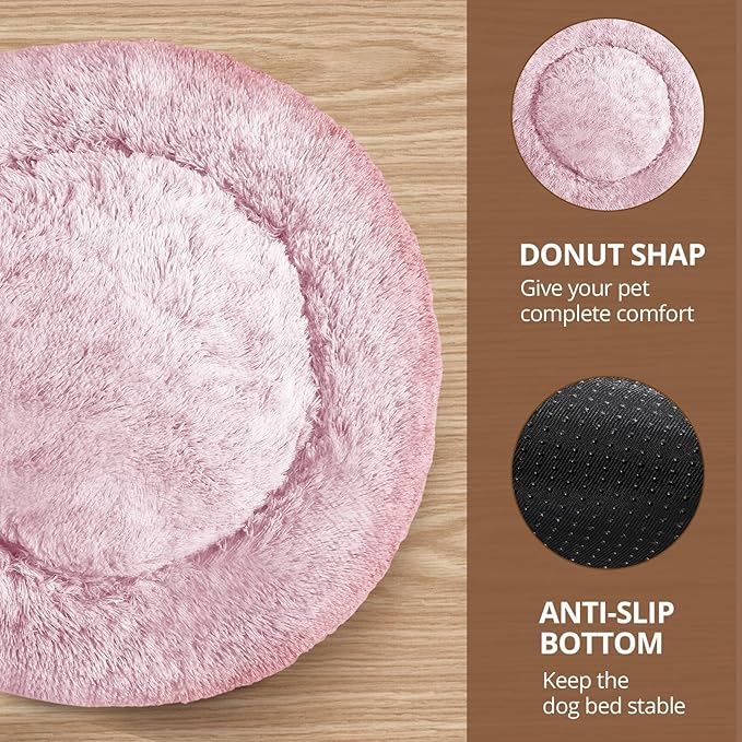 JOLLYVOGUE Calming Dog Bed Large Size Dog, Anti-Anxiety Donut Large Pet Bed, 36 inches Fluffy Faux Fur Round Cat Bed, Fits up to 75 lbs Pets (Smoke Pink)