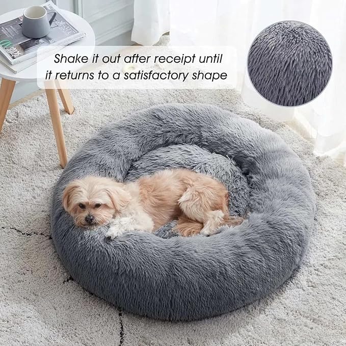 SALAN Round Donut Pet Bed, Calming Plush Cushion for Small Dogs and Cats, 20 Inch Washable Fluffy Indoor Bed with Anxiety Relief Support. (Brown)