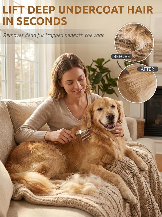 TAKAVU Dematting Fur Rake Comb Brush for Dogs & Cats - Undercoat Comb with Safety Blades for Removing Knots, Mats & Tangles - Grooming Tool for Poodles, Doodles, Long Haired Pets