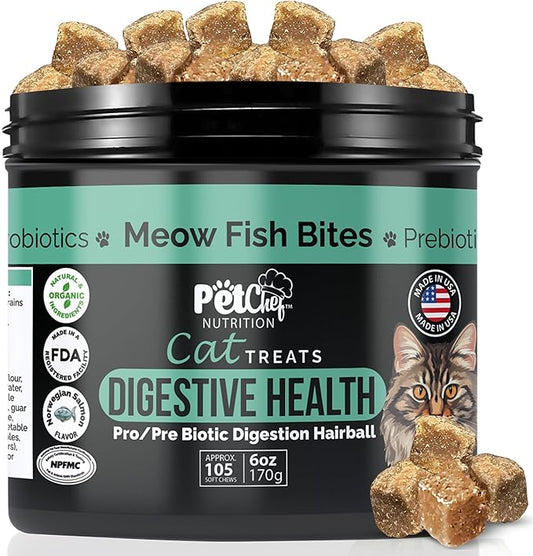 Pet Chef Probiotic Treats for Cats Digestive & Gut Health Support for Indoor Cats, Coat Softening Blend, Helps Reduce Diarrhea - Suitable for All Breeds