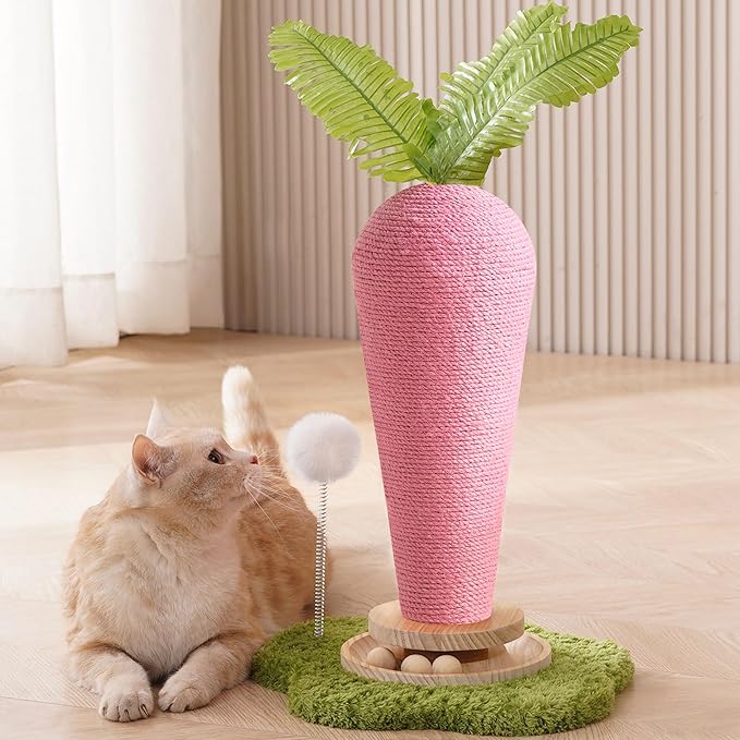 Cute Cat Scratching Post, Carrot Cat Scratcher Post with Durable Natural Wooden Turntable Toy and Catnip, 24'‘ H Carrot Shape Design Sisal Cat Tree Sisal Scratcher for Indoor Cats (Cloud Base)