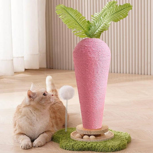 Cute Cat Scratching Post, Carrot Cat Scratcher Post with Durable Natural Wooden Turntable Toy and Catnip, 24'‘ H Carrot Shape Design Sisal Cat Tree Sisal Scratcher for Indoor Cats (Cloud Base)