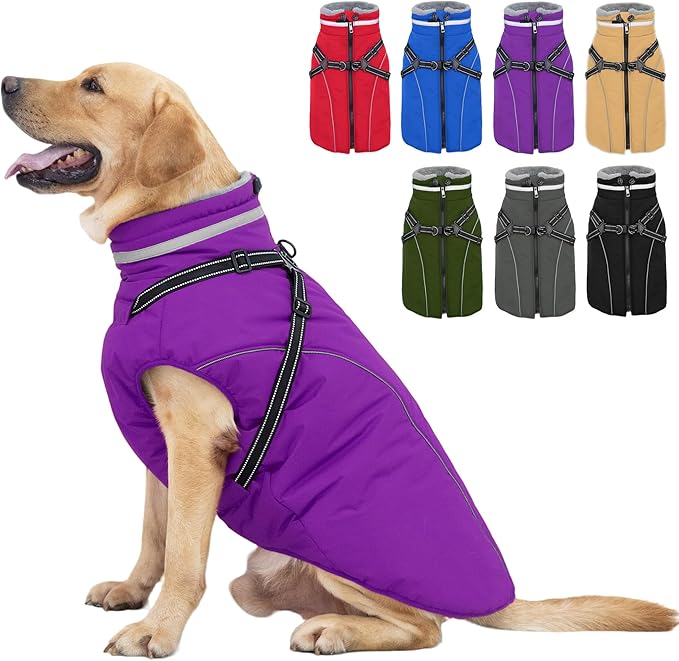 Fragralley Dog Coat with Harness Built in, Waterproof Windproof Reflective Warm Puffer Jacket, Fleece Lined Vest Winter Parka for Small, Medium, Large Dogs