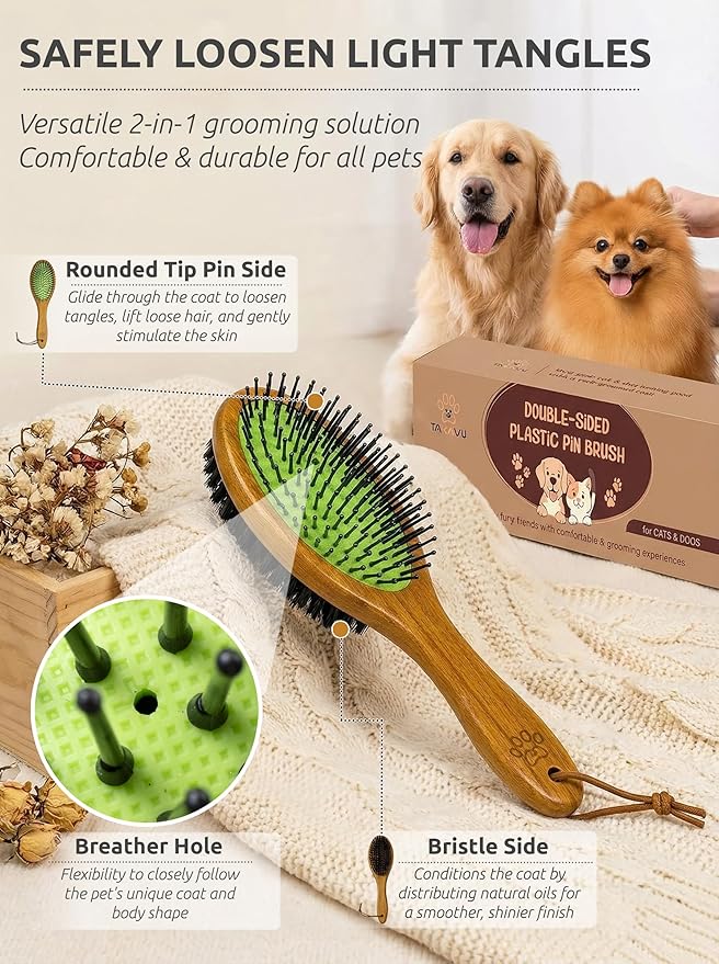 TAKAVU Pin & Bristle Pet Brush for Dogs & Cats - Double Sided Grooming Tool Detangles, Removes Loose Hair & Conditions Coat - Wood Handle