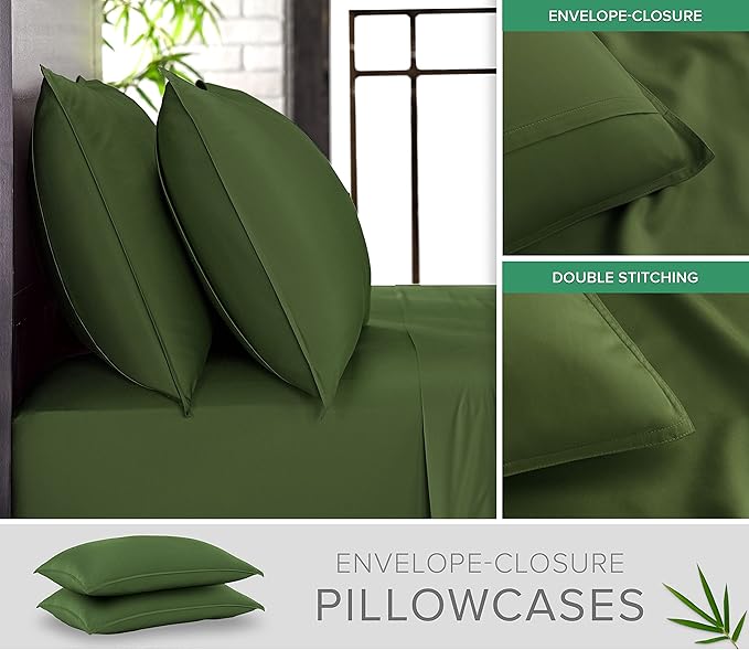 Pure Bamboo Split King Sheets, Genuine 100% Organic Viscose Derived from Bamboo Bed Sheet Set, Soft & Cooling, Double Stitching, 2 Fitted Sheets (Split King, Pesto)