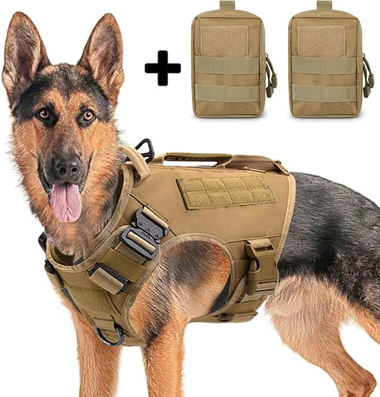Tactical Dog Backpack Harness for Large Breed Original Design Metal Buckle Vest with Side Bags Pouches for Service Working Training (Khaki (with 2 Pouches), XL)