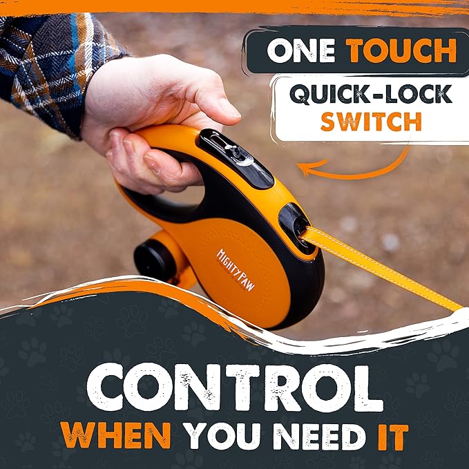 Mighty Paw Retractable Leash with Built-in Poop Bag Holder | 16' Long Retractable Dog Leash for Small Dogs, Medium Breeds & Large Pets with Tape for Quick Control. Poop Bags Included