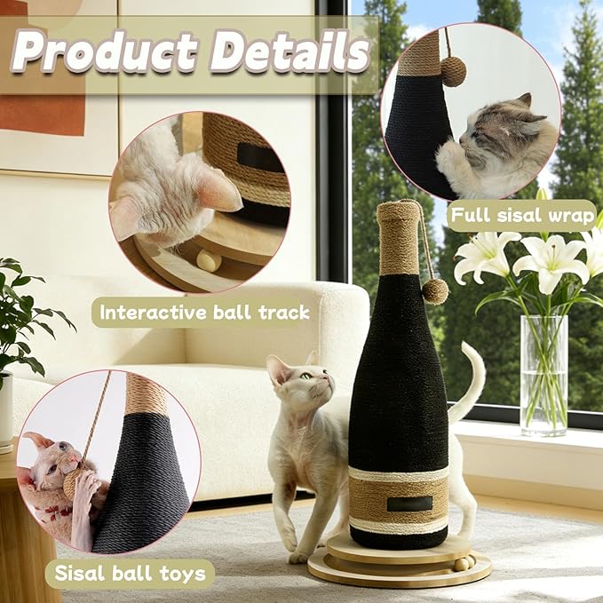 Wine Bottle Cat Scratching Post - 24.8 Inch Vertical Scratcher with Interactive Ball Track, Premium Sisal & Sturdy Base for Indoor Cats, Modern Home Décor