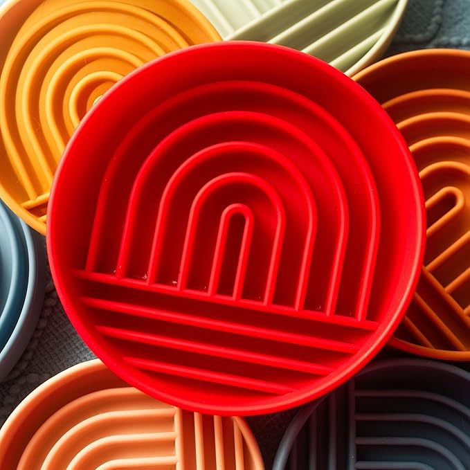 Should We Go? Slow Feeder for Dogs & Puppies, The Slowdown Bowl Silicone Slow Eating, Modern Lick Mat Design, Reduces Gulping, Fits 2 Cups, 7.5” Across x 1.5” Tall, Mealtime Challenge, Medium-Cherry