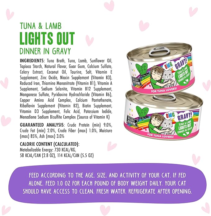 Weruva B.F.F. OMG - Best Feline Friend Oh My Gravy!, Tuna & Lamb Lights Out with Tuna & Lamb, 5.5oz Can (Pack of 8)