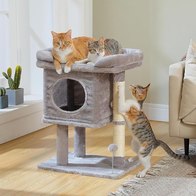 PAWZ Road Cat Tree for Indoor Cats, 26 Inches Cat Tower with Large Perch, Private Condo, Small Cat Condo with Spring Ball & 2 Scratching Posts for Cats-Gray