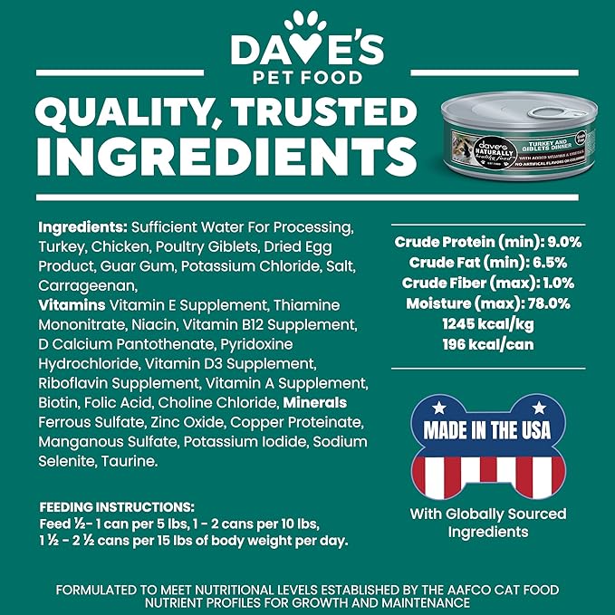 Dave's Pet Food Grain Free Wet Cat Food Gravy (Turkey & Giblets Dinner in Gravy), Made in USA Naturally Healthy Canned, Added Vitamins & Minerals, 5.5 oz Cans (24 Pack)