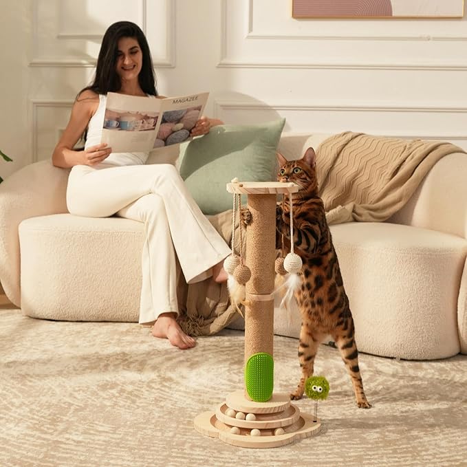 TINYBEAST Wooden Cat Scratching Post, 4 in 1 Cat Scratcher Toy with Cat Ball Tracks, 25" Tall Sisal Scratch Post for Indoor Kittens Adult Cats, Interactive Feather Toy and 4 Sisal Hanging Balls