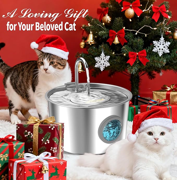 108oz/3.2L Stainless Steel Cat Water Fountain with Detachable Tank, Easy to Clean & Assemble, Pet Drinking Dispenser with Quiet Operation & LED Light, Gifts for Christmas, Cats, Dogs and Small Pets