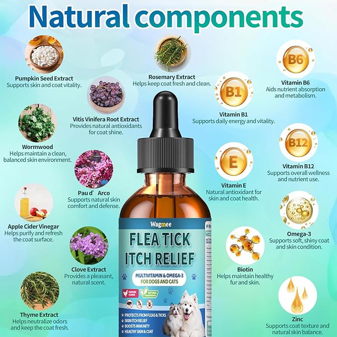 Flea and Tick Prevention for Dog and Cat, Natural Oral Flea & Tick Itch Relief Support Drops with Multivitamin for Pets - Supports Healthy Skin & Coat - Oral Supplement for All Breeds & Ages - Chicken