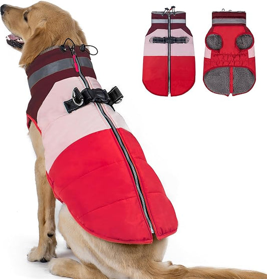 azuza Dog Coats for Large Dogs Waterproof Dog Coat with Reflective Strips and Harness Built in Warm Fleece Dogs Winter Coat Windproof with Back Zipper, Red 3XL