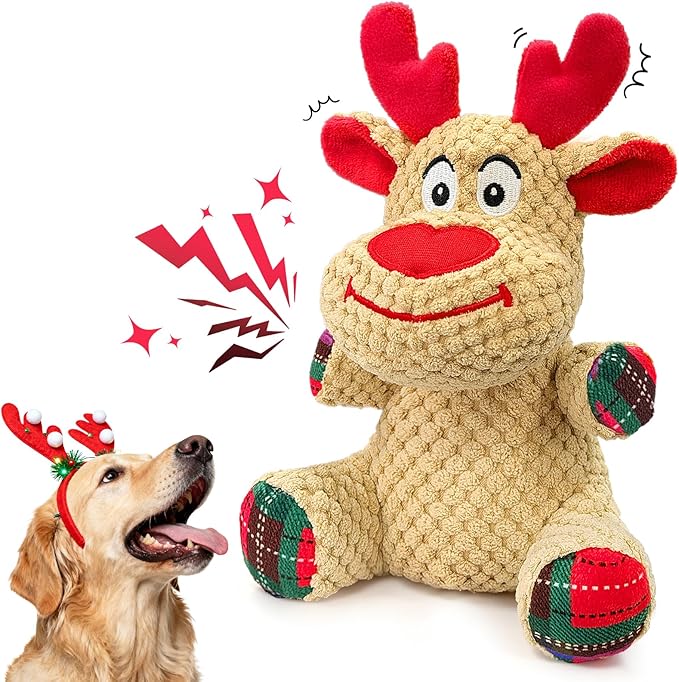 Christmas Dog Toys - Cute Reindeer Durable Squeaky Plush Dog Toy for Small, Medium & Large Dogs, Soft Xmas Gift for Pets