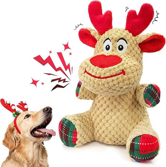 Christmas Dog Toys - Cute Reindeer Durable Squeaky Plush Dog Toy for Small, Medium & Large Dogs, Soft Xmas Gift for Pets