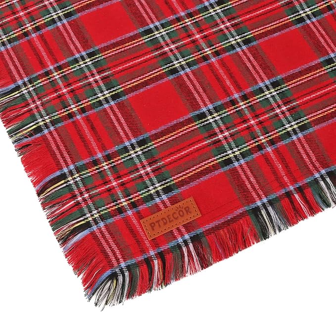 PTDECOR Christmas Dog Bandanas with Tassels Edges, Stylish Red White Plaid Scarf Bib, Premium Cotton Fabric, Reversible Triangle Xmas Bandanas for Medium Large Dogs Pets (Large)