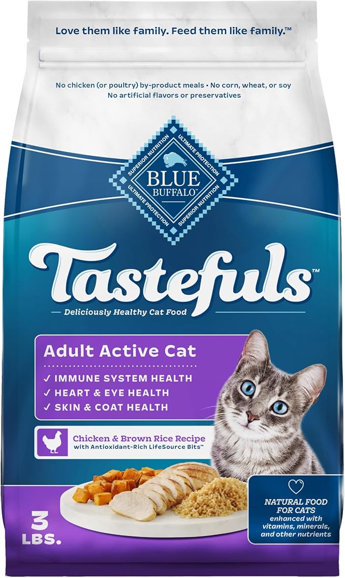 Blue Buffalo Tastefuls Active Cat Dry Cat Food, Made in the USA with Natural Ingredients, Chicken & Brown Rice Recipe, 3-lb. Resealable Bag