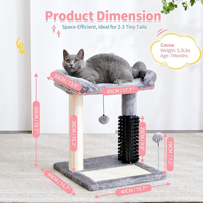 Made4Pets Small Cat Tree Tower, Cat Scratching Post 4-in-1 with Self Groomer Brush, 20" Tall Natural Sisal Cat Scratcher, Plush Perch Bed with Dangling Ball for Indoor Kittens, Grey