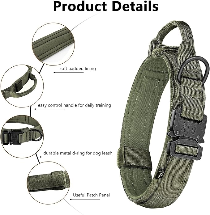 Tactical Dog Collar and Leash Set Heavy Duty Military Dog Collar with Handle and Metal Buckle for Medium and Large Dogs (Army Green, M)