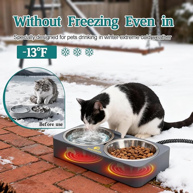 Heated Cat Bowl for Outdoor Pets - Double Stainless Steel Food & Water Bowls with Chew-Resistant Cord - Fully Waterproof Winter Feeding Station for Cats and Dogs - 20.3 OZ Each