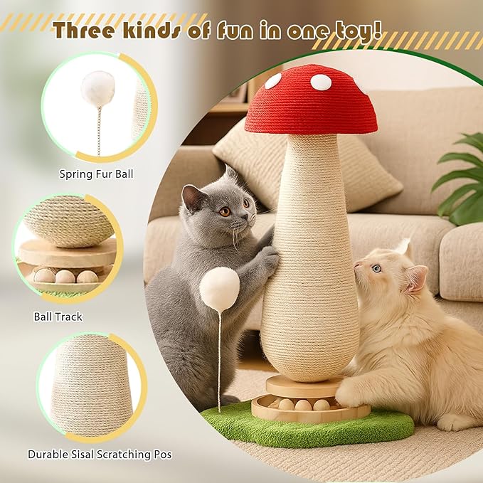 Cat Scratching Tower - Indoor Scratcher for Adult Felines, Playful Kitty Tree with Catnip Ball Track and Spring Fur Ball, Sturdy Sisal Scratching Post Toy 25.2'' - Red Mushroom