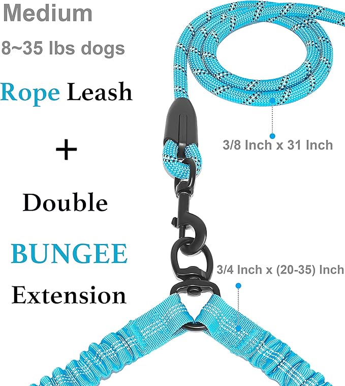iYoShop Dual Dog Leash - 360° Swivel, No Tangle Walking Leash with Shock Absorbing Bungee for Two Dogs (Medium, 8-35 lbs, Blue)