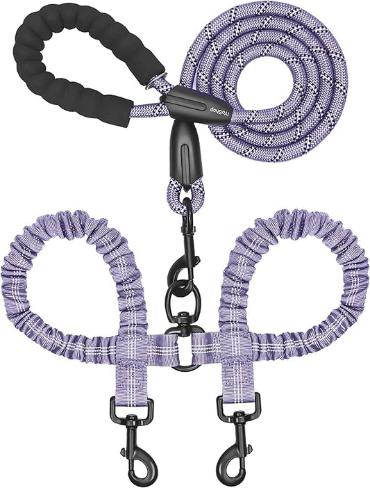 iYoShop Dual Dog Leash - 360° Swivel, No Tangle Walking Leash with Shock Absorbing Bungee for Two Dogs (Large, 25-150 lbs, Lavender)