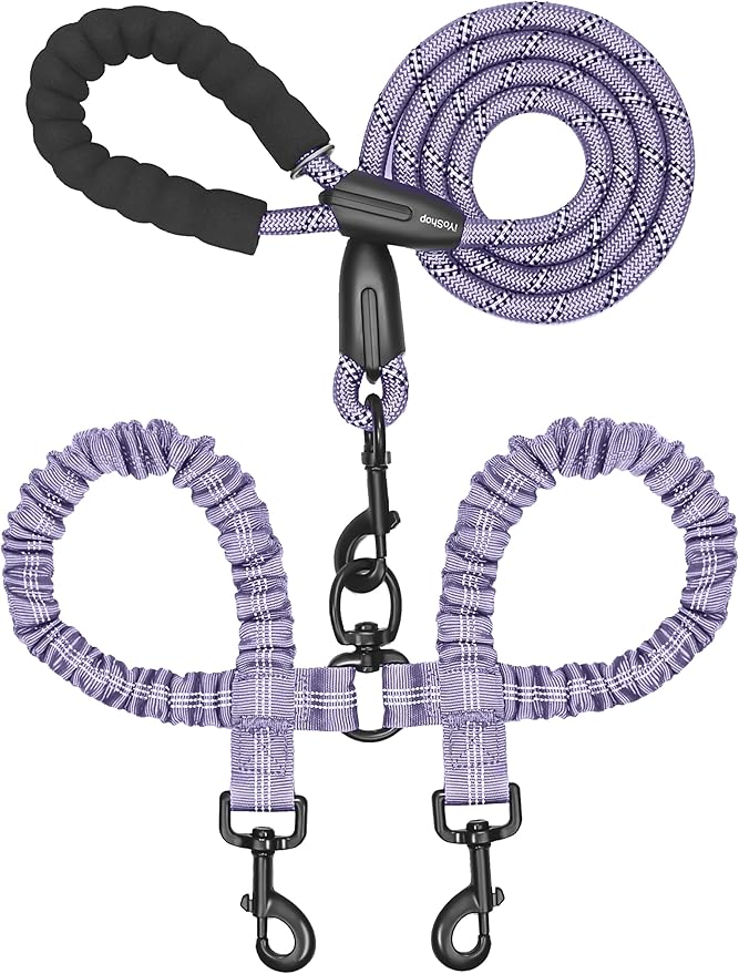 iYoShop Dual Dog Leash - 360° Swivel, No Tangle Walking Leash with Shock Absorbing Bungee for Two Dogs (Medium, 8-35 lbs, Lavender)