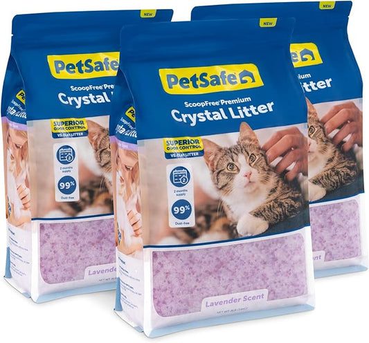 PetSafe ScoopFree Premium Crystal Cat Litter - Ultra-Absorbent Silica Universal Litterbox Crystals - Non-Clumping Odor Control - Lavender Scent - 8 lb Bag - 3 Pack