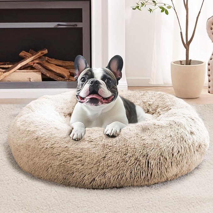 JOLLYVOGUE Calming Dog Bed Large Size Dog, Anti-Anxiety Donut Large Pet Bed, 36 inches Fluffy Faux Fur Round Cat Bed, Fits up to 75 lbs Pets (Cream Brown)