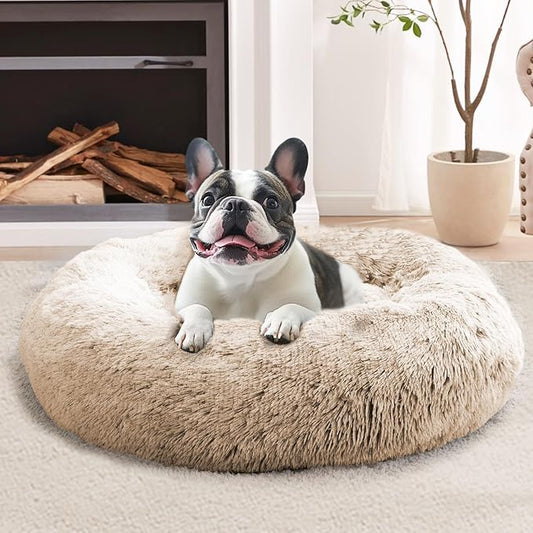 JOLLYVOGUE Calming Dog Bed Large Size Dog, Anti-Anxiety Donut Large Pet Bed, 36 inches Fluffy Faux Fur Round Cat Bed, Fits up to 75 lbs Pets (Cream Brown)