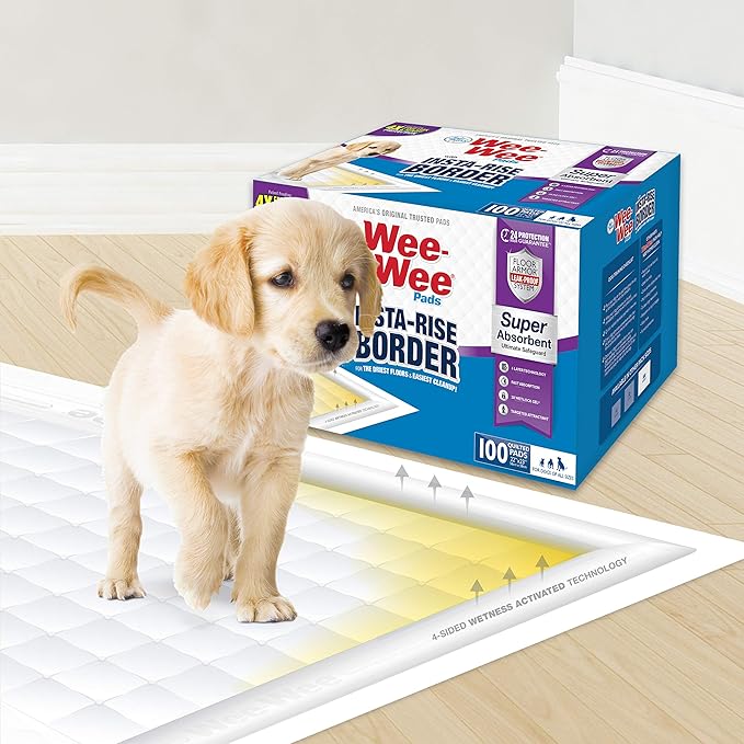 Four Paws Wee-Wee Super Absorbent Unscented Pee Pads for Dogs & Puppies with Insta-Rise Border, Leak-Proof Dog Housebreaking Potty Training Floor Protection, 22" x 23", 100 Count