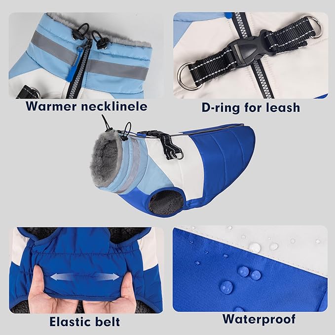 azuza Dog Coats for Large Dogs Waterproof Dog Coat with Reflective Strips and Harness Built in Warm Fleece Dogs Winter Coat Windproof with Back Zipper, Blue 3XL