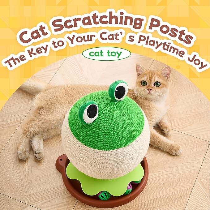 3-in-1 Modern Cat Ball Scratcher & Cat Toys for Indoor Cats/Kittens, Cute Orange/Frog/Bee Design with Bell Ball Track, Natural Sisal Cat Scratching Post, Space-Saving Interactive Cat Scratcher