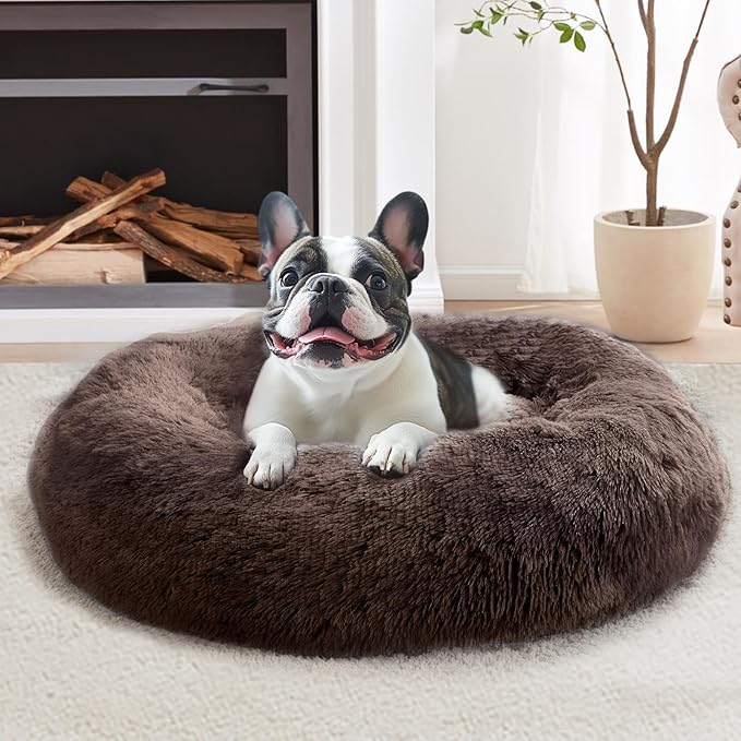 JOLLYVOGUE Calming Dog Bed Large Size Dog, Anti-Anxiety Donut Large Pet Bed, 36 inches Fluffy Faux Fur Round Cat Bed, Fits up to 75 lbs Pets