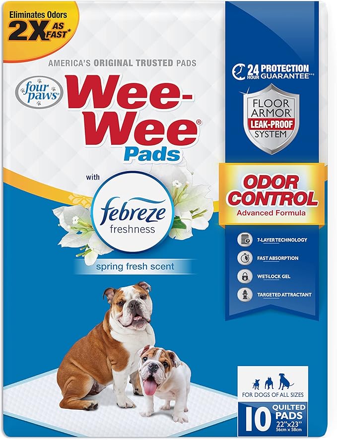 Four Paws Wee-Wee Odor Control with Febreze Freshness Pee Pads for Dogs & Puppies, Leak-Proof Dog Housebreaking Potty Training Floor Protection, Spring Fresh Scent, 22" x 23", 10 Count