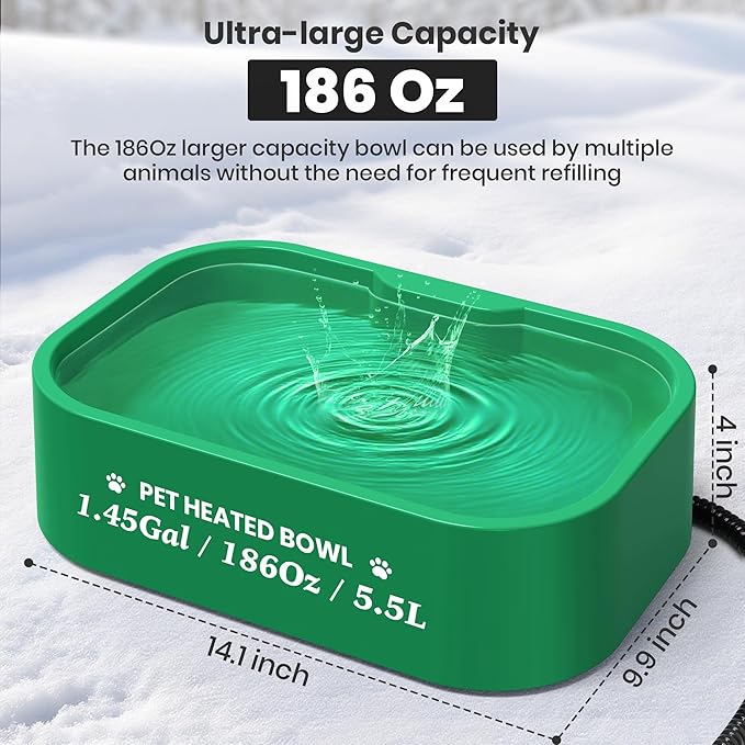 1.45 Gal/5.5L Heated Water Bowl, Extra Large Heated Dog Bowls for Outside, Safety Listed Heated Pet Bowl with Anti-Chew Cord for Dog & Cat Drinking Water in Winter, BPA-Free, Anti-Slip Base(Green)