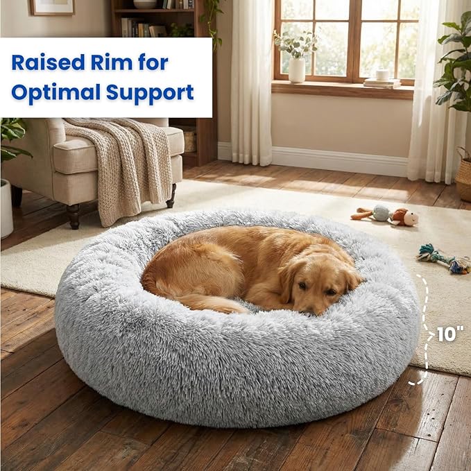 Calming Donut Pet Bed – Plush & Supportive Round Bed with Extra Filling for Comfort – Removable Cover & Water-Resistant Liner – Cozy, Fluffy Nest for Dogs & Cats (Grey, 36" L x 36" W x 10”Th)