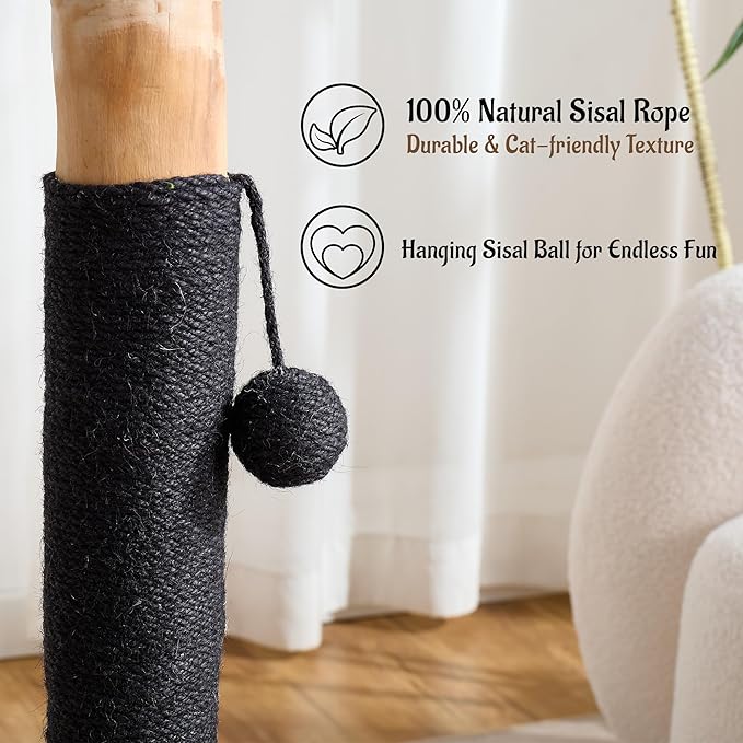 29" Tall Cat Scratching Post for Indoor Cats Adults, Extra-Stable & Natural Solid Wood Scratching Post Sisal Scratcher with Hanging Funny Ball, Black