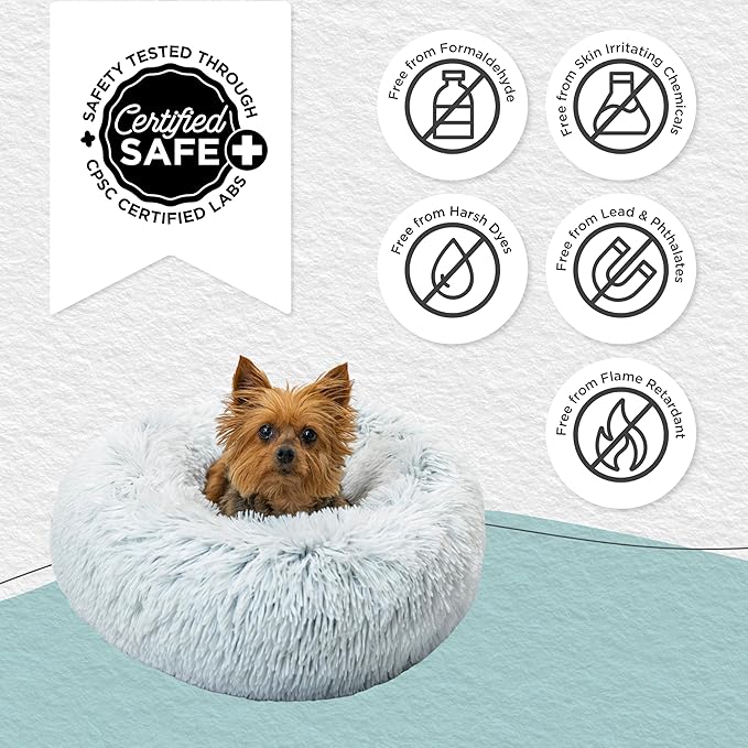 Best Friends by Sheri Original Calming Donut Dog and Cat Bed, Shag Faux Fur, Frost Gray, XS (18in x 18in) - Anxiety Relief for Pets Up to 10 lbs