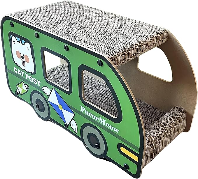 Cat Scratching House, Cat Cardboard House Green Bus, Long Scratching Post, 9x11.8x22 Inches, Fun Cube & Tunnel, Peekaboo Hideaway for Indoor Cats