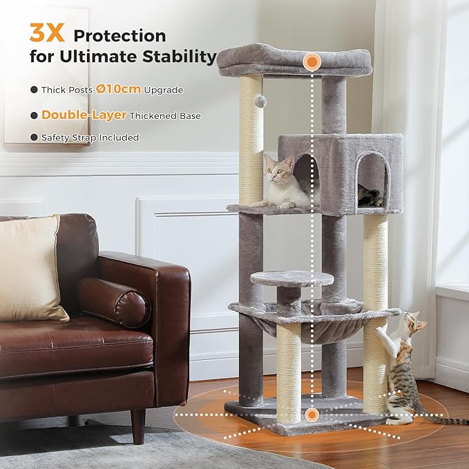 Large Cat Tree for Indoor Cats Large Adult, 57.8" Heavy Duty Cat Tower with Reinforced Scratching Posts (φ3.2in) and Plush Larger Hammock for Maine Coon & Big Cats, Supports 30lbs, Grey