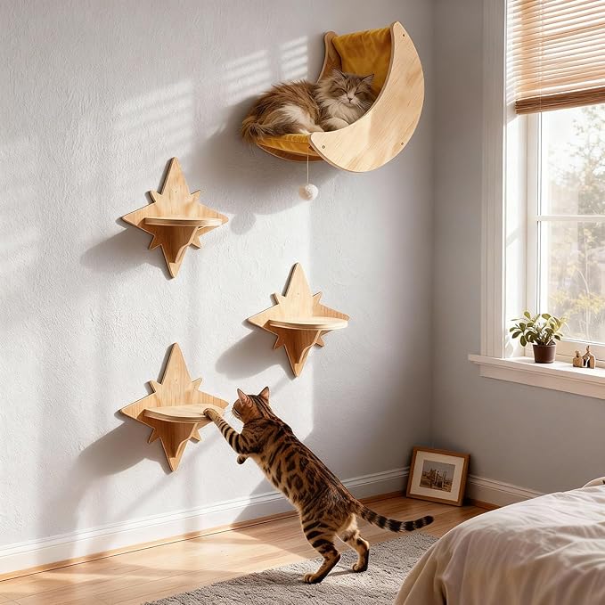 Cat Wall Shelves, Moon and Star Cat Wall Furniture for Indoor, Multi-Level Wooden Climbing Set with Cute Toys