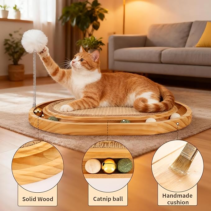 Sisal Cat Scratcher Toy,Cat Natural Sisal Scratching Pad,Wooden Interactive Toy for Indoor Cats with Cat Ball Track