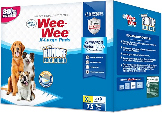 Four Paws Wee-Wee Superior Performance Pee Pads for Dogs with Runoff Barrier Edge Guard Protection, Puppy & Dog Potty Training Pads, Housebreaking Supplies, 28" x 34" (75 Count)
