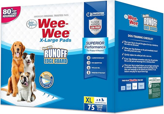 Four Paws Wee-Wee Superior Performance Pee Pads for Dogs with Runoff Barrier Edge Guard Protection, Puppy & Dog Potty Training Pads, Housebreaking Supplies, 28" x 34" (75 Count)
